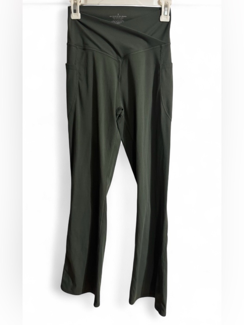 Dark Olive Green Crossover Waist Flare Leggings with Pockets Size Small
